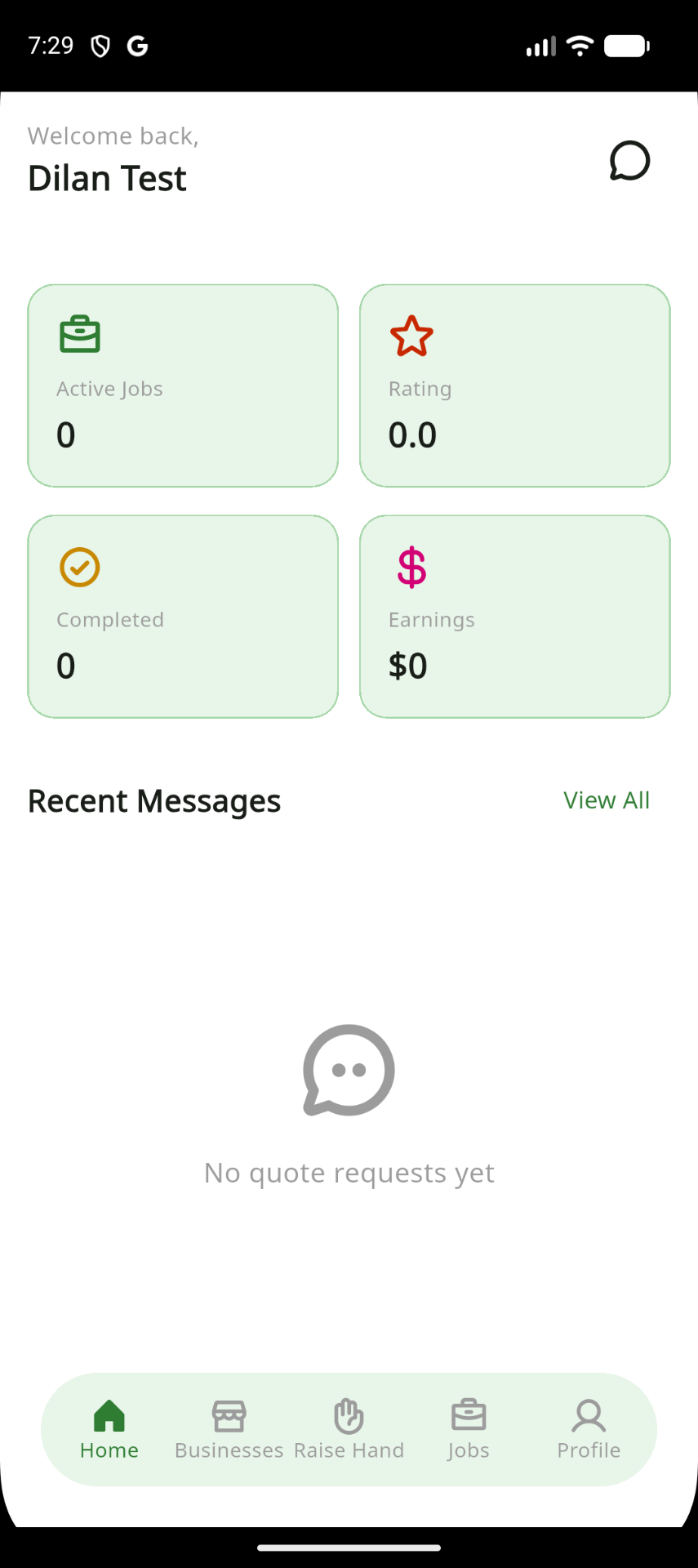 Provider dashboard with active jobs and earnings