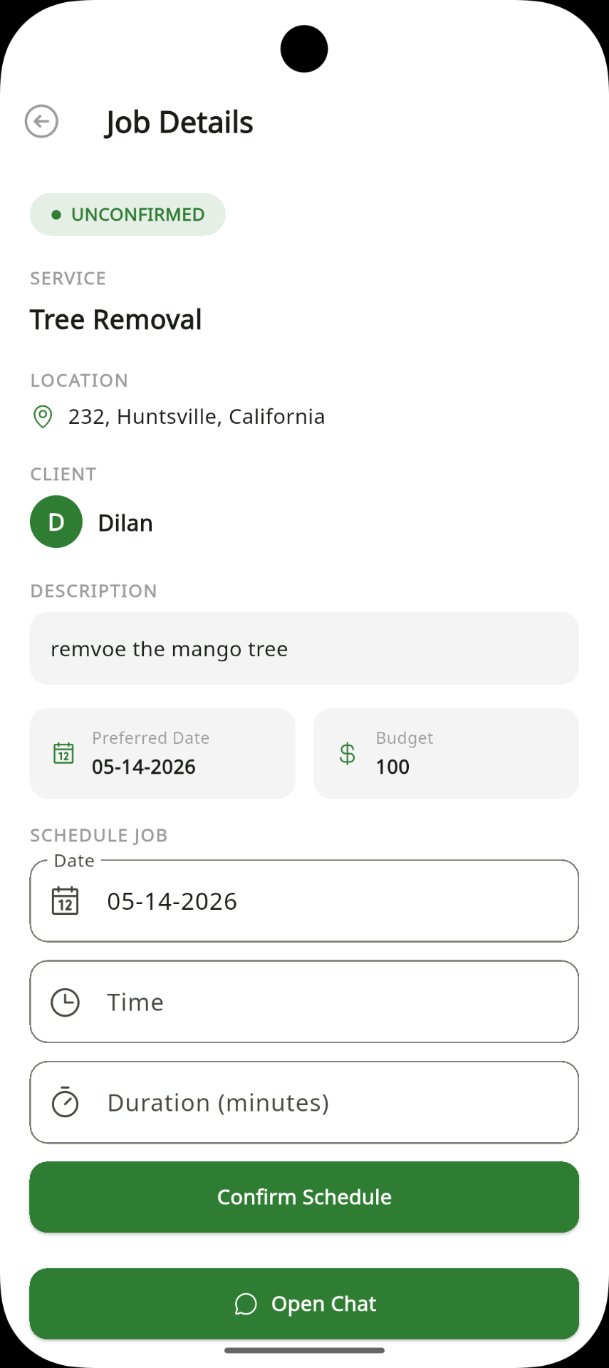 Booking a tree removal job in GRDN Helper